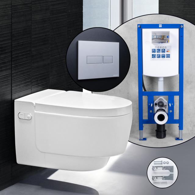 Geberit AquaClean Mera Comfort complete SET shower toilet with neeos pre-wall element, flush plate with rectangular button in matt chrome, toilet in white
