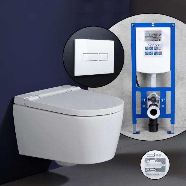 Geberit AquaClean Sela complete SET shower toilet with neeos pre-wall element, flush plate with rectangular button in white, toilet in white