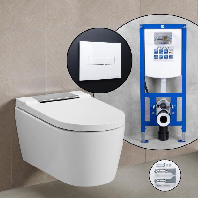 Geberit AquaClean Sela complete SET shower toilet with neeos pre-wall element, flush plate with rectangular button in white, toilet seat in white/chrome high gloss