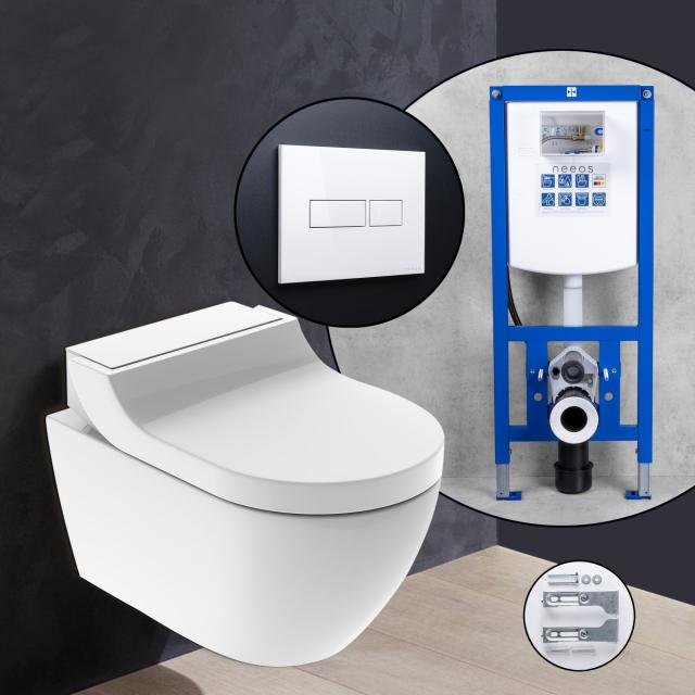 Geberit AquaClean Tuma Classic complete SET shower toilet with neeos pre-wall element, flush plate with rectangular button in white