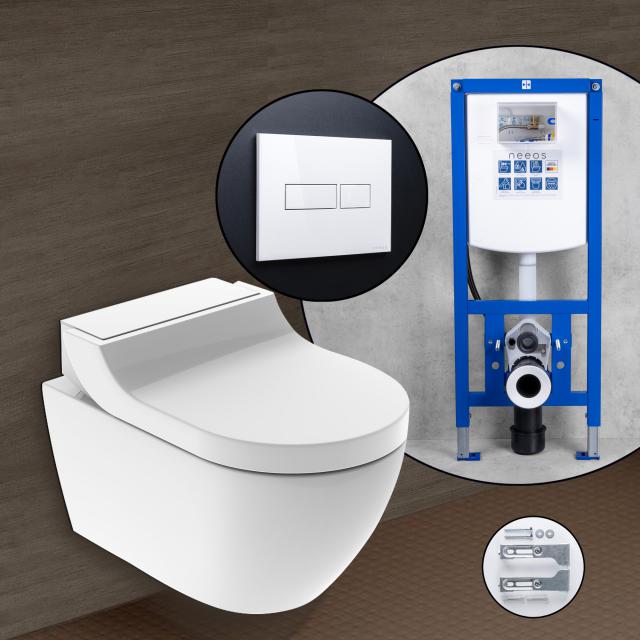 Geberit AquaClean Tuma Comfort Pack complet WC lavant et bâti-support neeos, Plaque de déclenchement avec dispositif d’actionnement carré blanc, abattant blanc