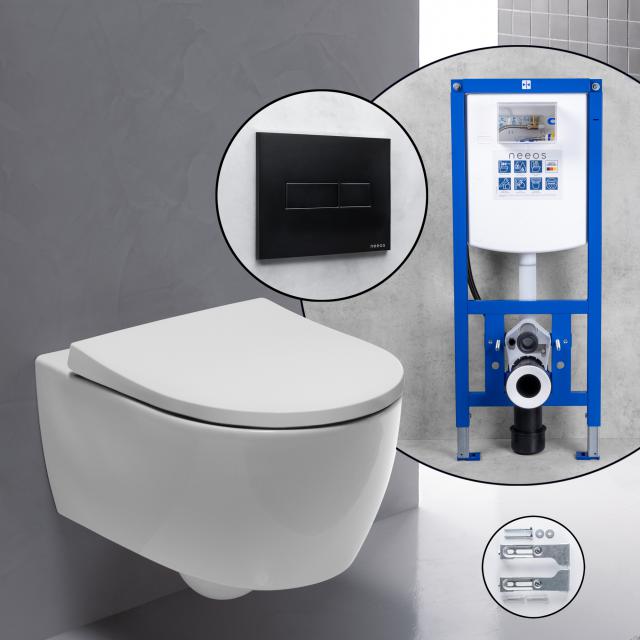 Geberit iCon Compact complete SET wall-mounted toilet with neeos pre-wall element, flush plate with rectangular button in matt black, toilet rimless, with KeraTect