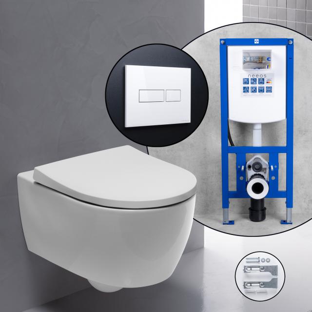 Geberit iCon Compact complete SET wall-mounted toilet with neeos pre-wall element, flush plate with rectangular button in white, toilet with rim, with KeraTect
