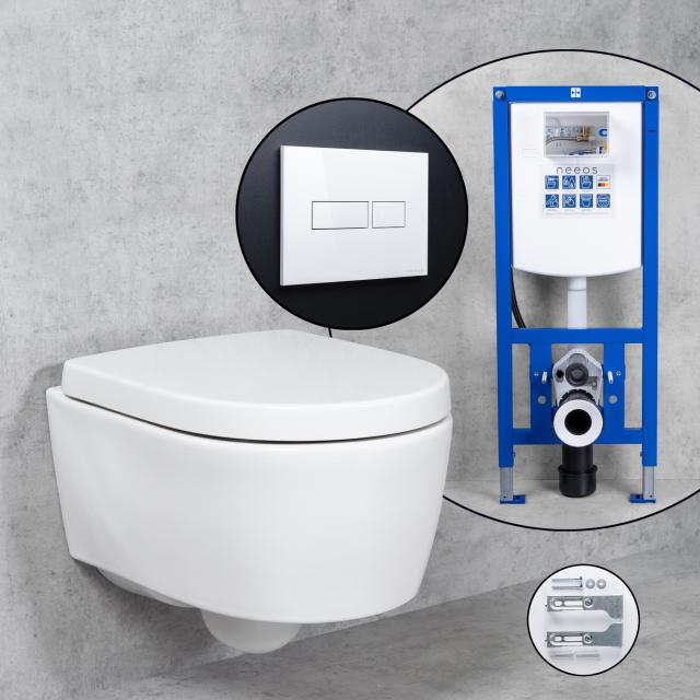 Geberit iCon Compact wall-mounted toilet & Tellkamp toilet seat with neeos pre-wall element, flush plate with rectangular button in white, toilet rimless, with KeraTect