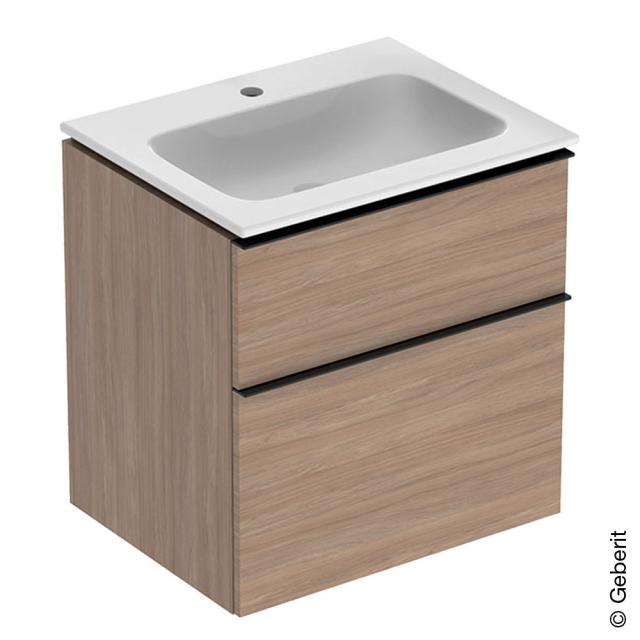 Geberit iCon Slim washbasin with vanity unit with 2 pull-out compartments natural oak, handle matt lava, basin white, with KeraTect