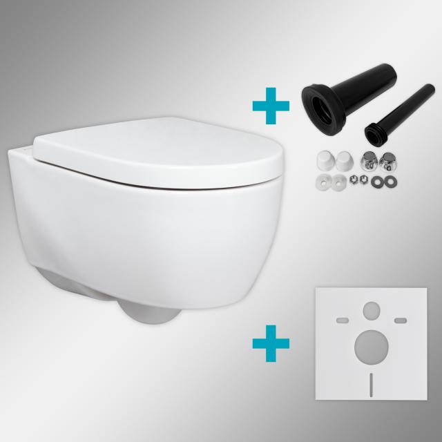 Geberit iCon & Tellkamp Premium 1000 wall-mounted, washdown toilet set with mounting accessories: toilet seat with soft-close, rimless toilet white, with KeraTect