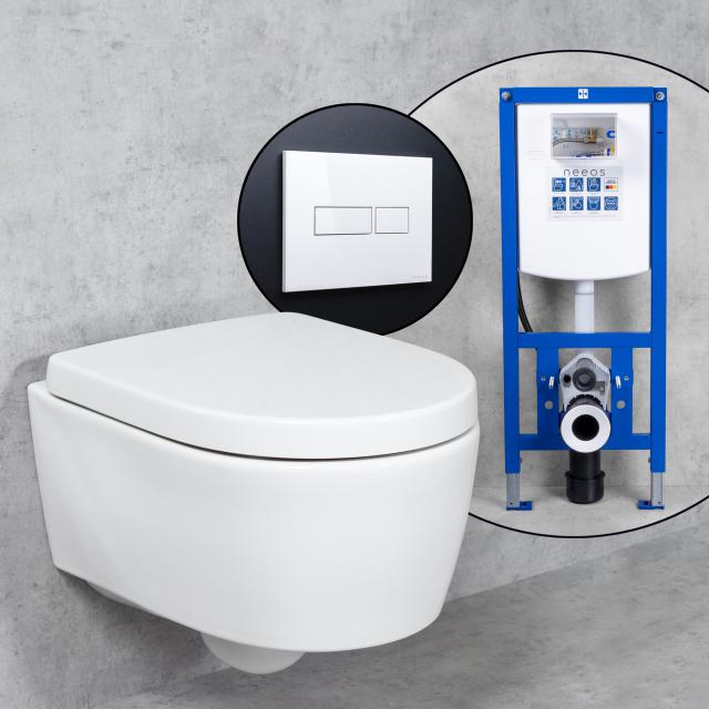 Geberit iCon wall-mounted toilet & Tellkamp toilet seat with neeos on-the-wall element, flush plate with rectangular button in white, with KeraTect