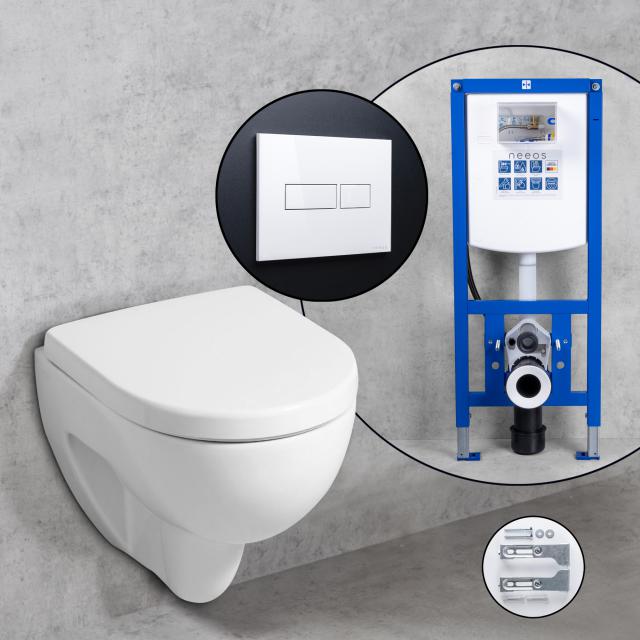Geberit Renova Plan Compact complete SET wall-mounted toilet with neeos pre-wall element, flush plate with rectangular button in white, with KeraTect