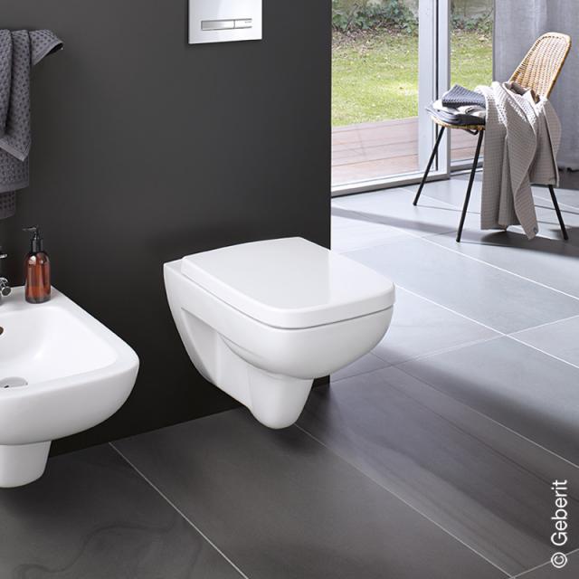 Geberit Renova Plan wall-mounted washdown toilet with toilet seat rimless, white, with KeraTect, toilet seat with soft-close & removable