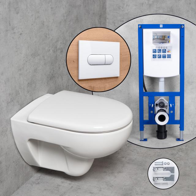 Geberit Renova wall-mounted toilet & Tellkamp toilet seat with neeos pre-wall element, flush plate with oval button in white, toilet rimless, with KeraTect