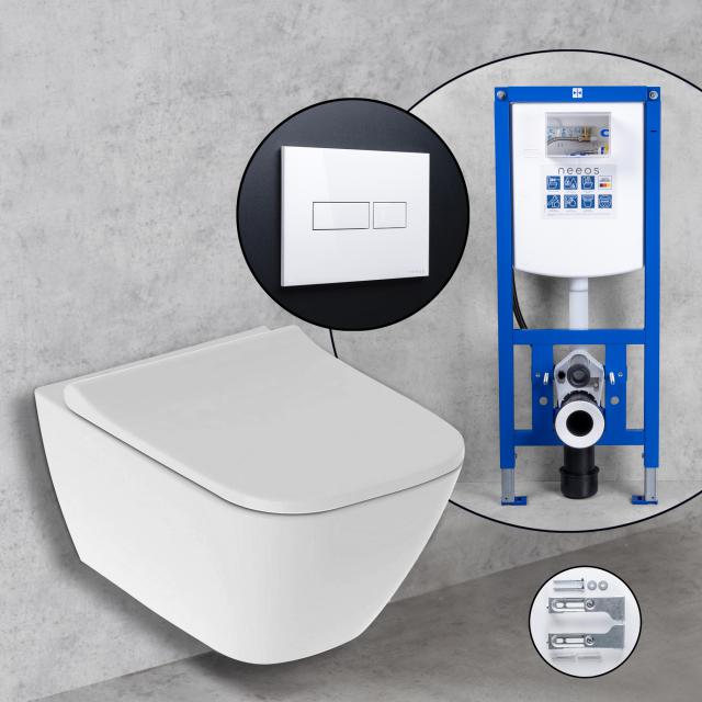 Geberit Smyle Square Compact complete SET wall-mounted toilet with neeos pre-wall element, flush plate with rectangular button in white