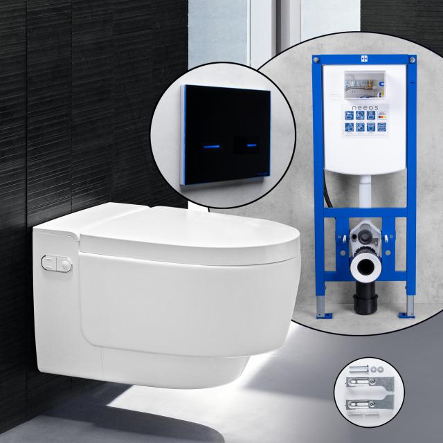 Pack complet WC lavant Geberit AquaClean Tuma Comfort et bâti-support neeos, Plaque de déclenchement avec dispositif d’actionnement électronique, WC blanc
