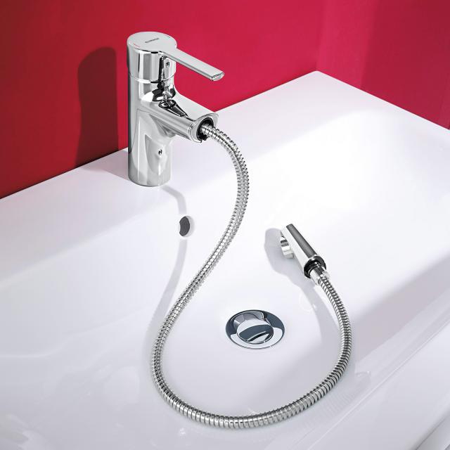 Hansa Ronda monobloc, single lever basin fitting with spray with pop-up waste set