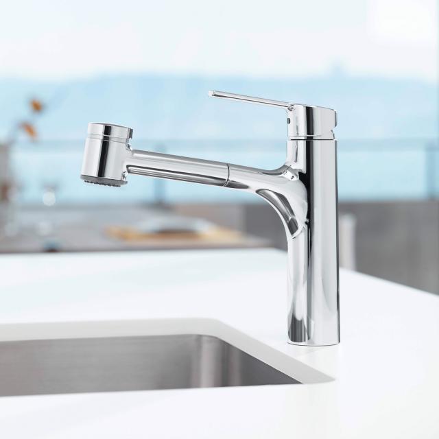 Hansa Ronda single-lever kitchen mixer tap, with pull-out spout, for low pressure