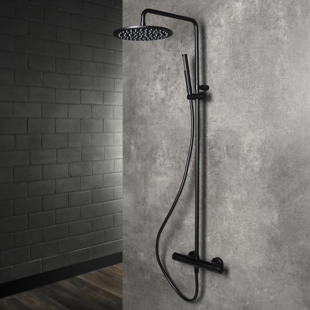 Herzbach Living Spa shower column with exposed, thermostatic shower fitting with stick-shaped hand shower matt black