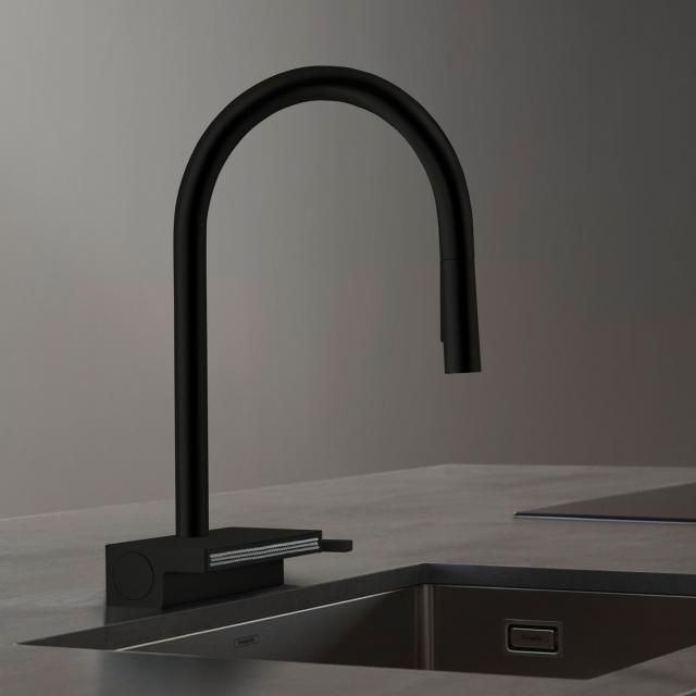 Hansgrohe Aquno Select M81 single lever kitchen mixer with pull-out spray and sBox matt black