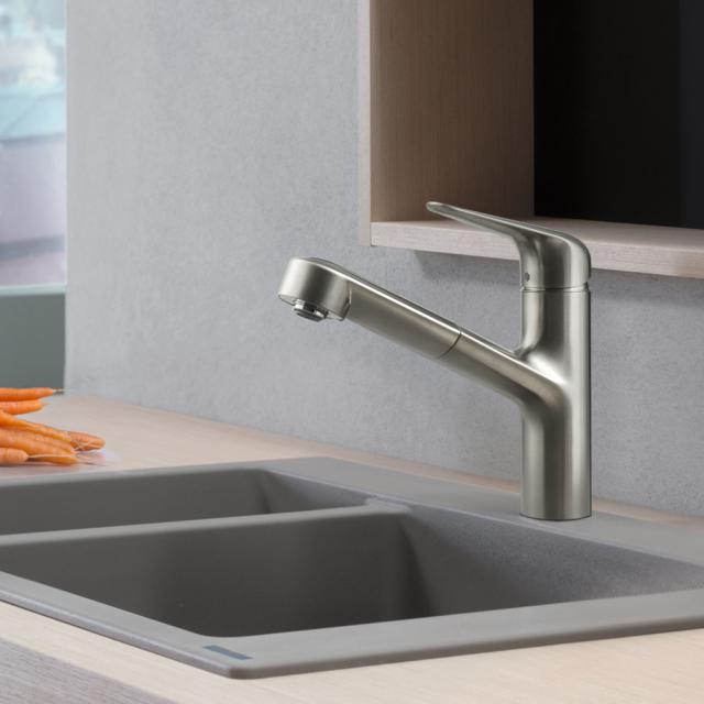 Hansgrohe Focus M42 single-lever kitchen mixer tap, with pull-out spout and sBox brushed stainless steel
