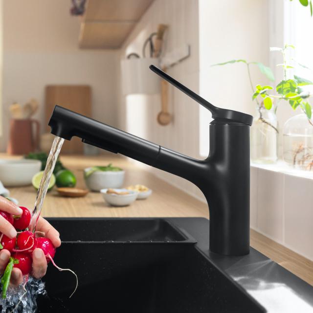 Hansgrohe Zesis M33 single-lever kitchen mixer tap, with pull-out spout and sBox lite matt black