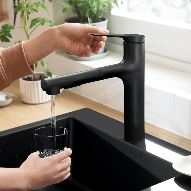 Hansgrohe Zesis M33 single-lever kitchen mixer tap, with pull-out spout and sBox lite matt black