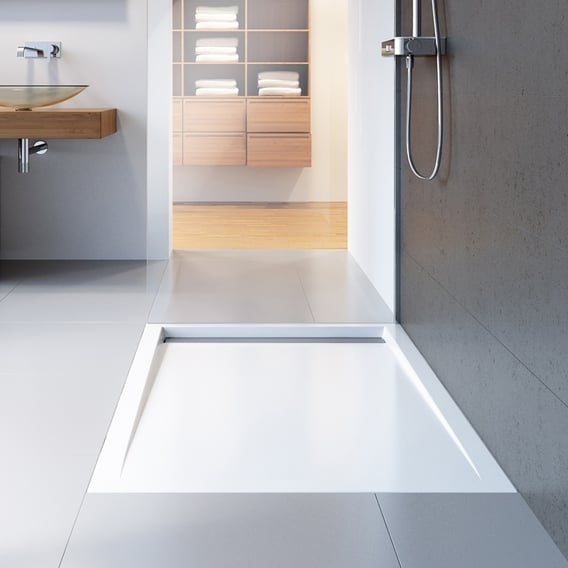 HSK rectangular shower tray with narrow shower channel, super flat white, waste cover polished 