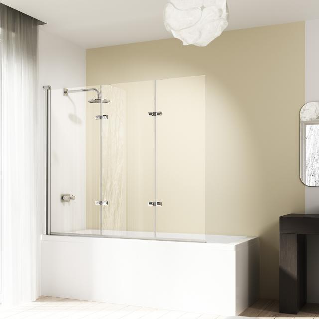 HÜPPE Design elegance bath screen, bi-fold door, 3 piece TSG clear with ANTI-PLAQUE / silver high gloss