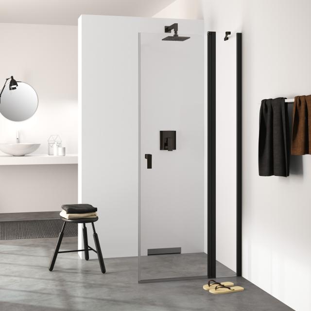 HÜPPE Design pure swing door with fixed segment with inwards/outwards opening for combination with side panel TSG clear with ANTI-PLAQUE / black edition