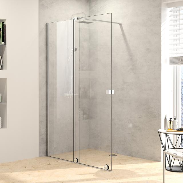HÜPPE Xtensa pure Walk In sliding door with fixed segment and Select+ Kit TSG clear with ANTI-PLAQUE / silver high gloss