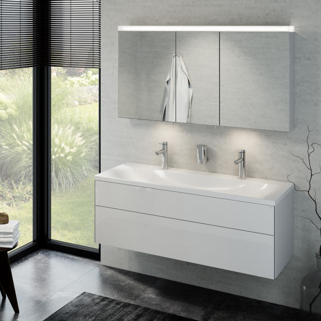 Keuco Royal Reflex Lavabo double avec meuble sous-lavabo et miroir à éclairage LED blanc ultra brillant