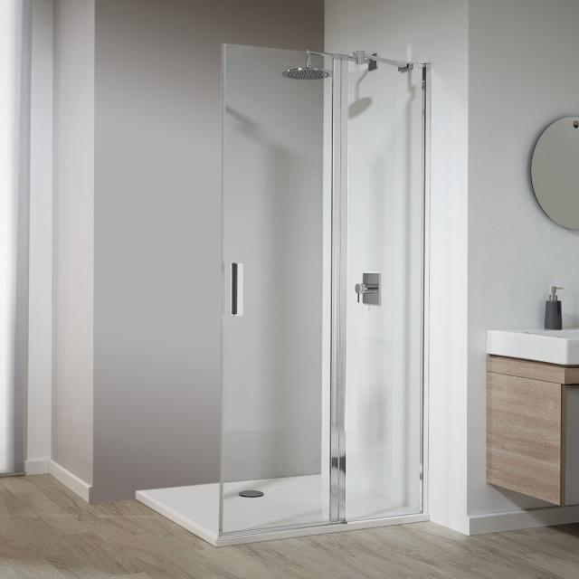 Koralle SL410 hinged door with fixed element for corner entry TSG transparent with GlasPlus / polished silver