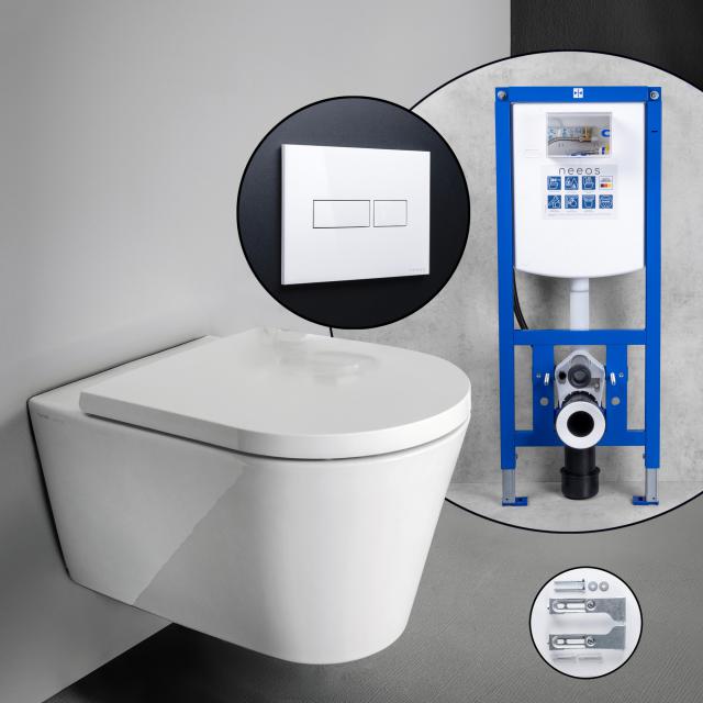 Kartell by LAUFEN complete SET wall-mounted toilet with neeos pre-wall element, flush plate with rectangular button in white, toilet in white with CleanCoat