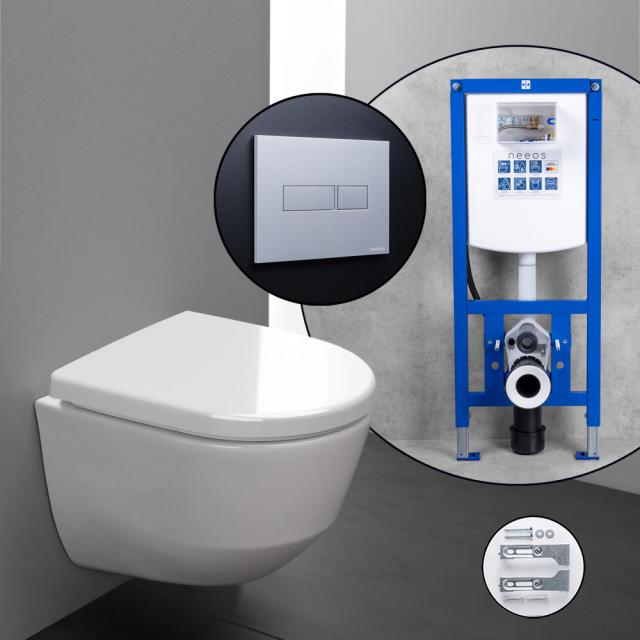 LAUFEN Pro Compact complete SET wall-mounted toilet with neeos pre-wall element, flush plate with rectangular button in matt chrome