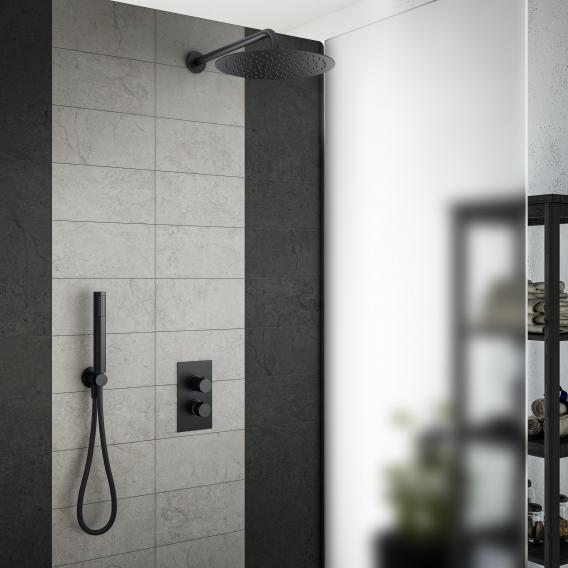 Mariner shower system with thermostat, stainless steel overhead shower and Logica metal shower set, round matt black