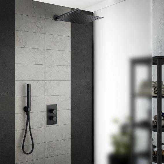 Mariner shower system with thermostat, stainless steel overhead shower, square and Logica metal shower set, round matt black