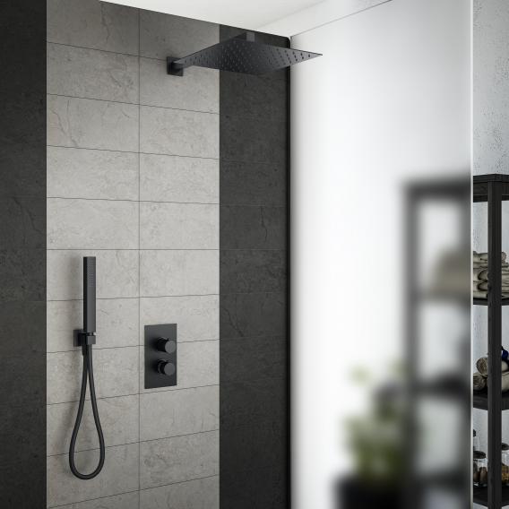 Mariner shower system with thermostat, stainless steel overhead shower, square and Quadra metal shower set, round matt black