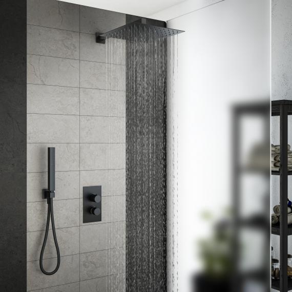 Colonne de douche thermostatique carrée noir mat avec douche pluie,  douchette et bec de bain