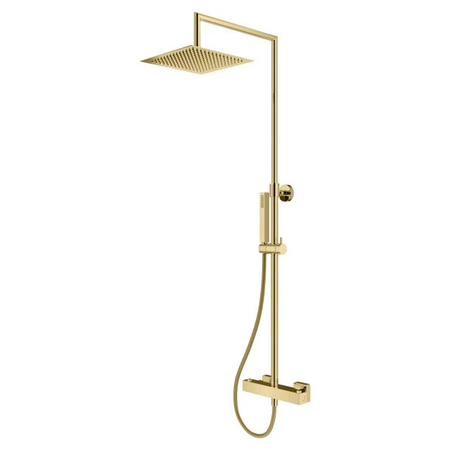 Mariner Linea shower system with thermostat, metall stick hand shower and stainless steel overhead shower, square gold