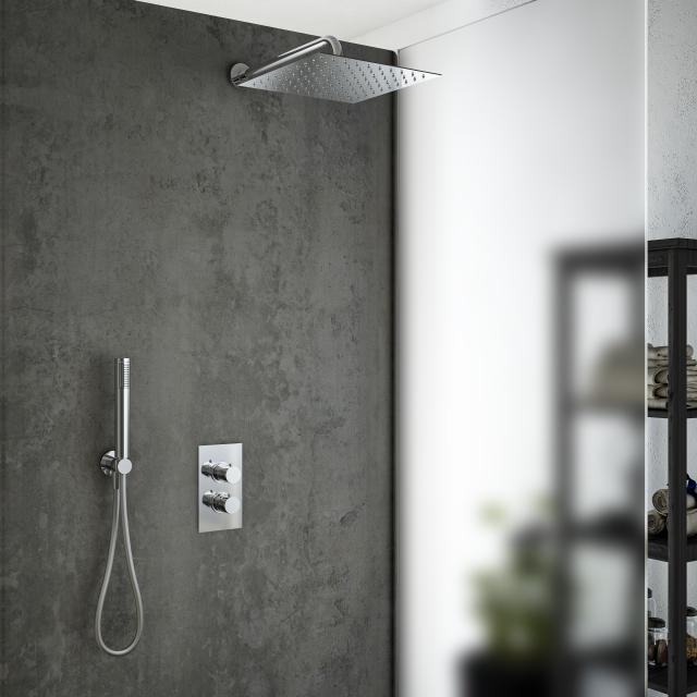 Mariner shower system with thermostat, stainless steel overhead shower, square and Logica metal shower set, round chrome