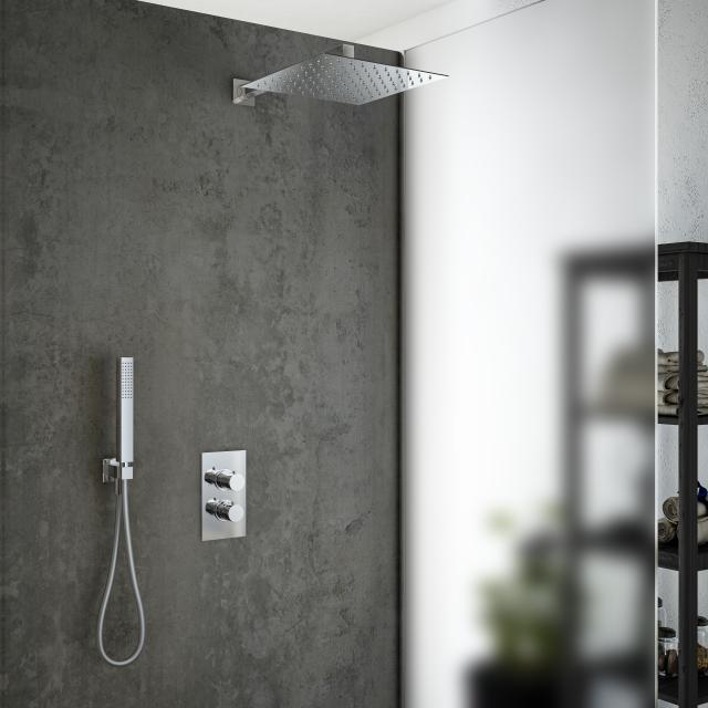 Mariner shower system with thermostat, stainless steel overhead shower, square and Quadra metal shower set, round chrome