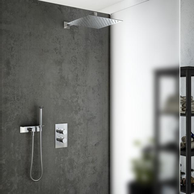 Mariner shower system with thermostat, stainless steel overhead shower, square and stainless steel shower set with shelf chrome