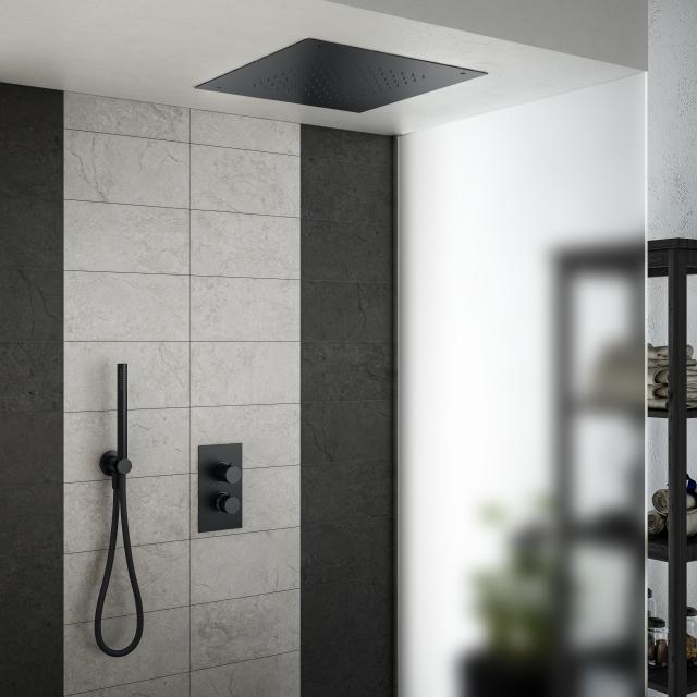 Mariner shower system with thermostat, stainless steel rain panel for recessed ceiling installation with 1 function and Logica metal shower set matt black