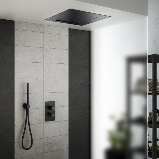 Mariner shower system with thermostat, stainless steel rain panel for recessed ceiling installation with 2 functions and Logica metal shower set matt black