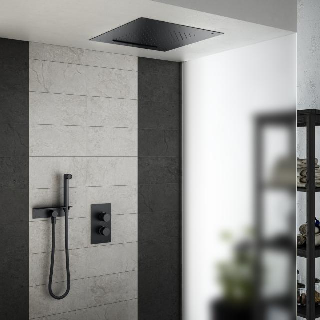 Mariner shower system with thermostat, stainless steel rain panel for recessed ceiling Installation with 2 functions and stainless steel shower set with shelf matt black