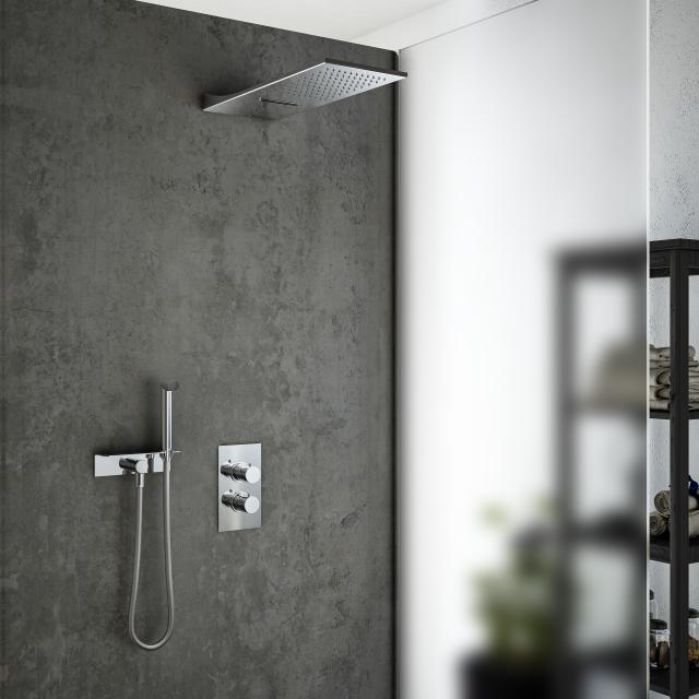 Mariner shower system with thermostat, stainless steel rain panel with 2 functions and stainless steel shower set with shelf chrome