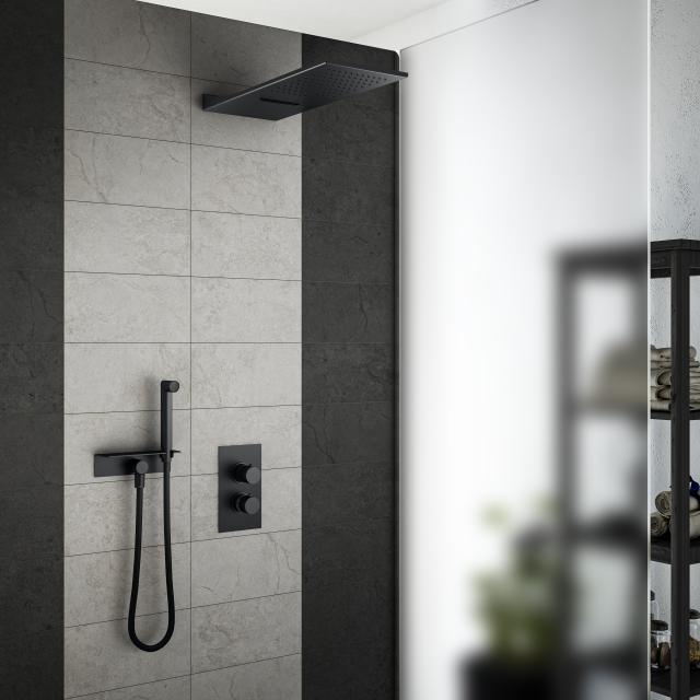 Mariner shower system with thermostat, stainless steel rain panel with 2 functions and stainless steel shower set with shelf matt black