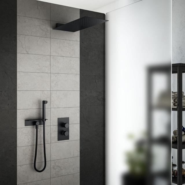 Mariner shower system with thermostat, stainless steel rain panel with 1 function and stainless steel shower set with shelf matt black