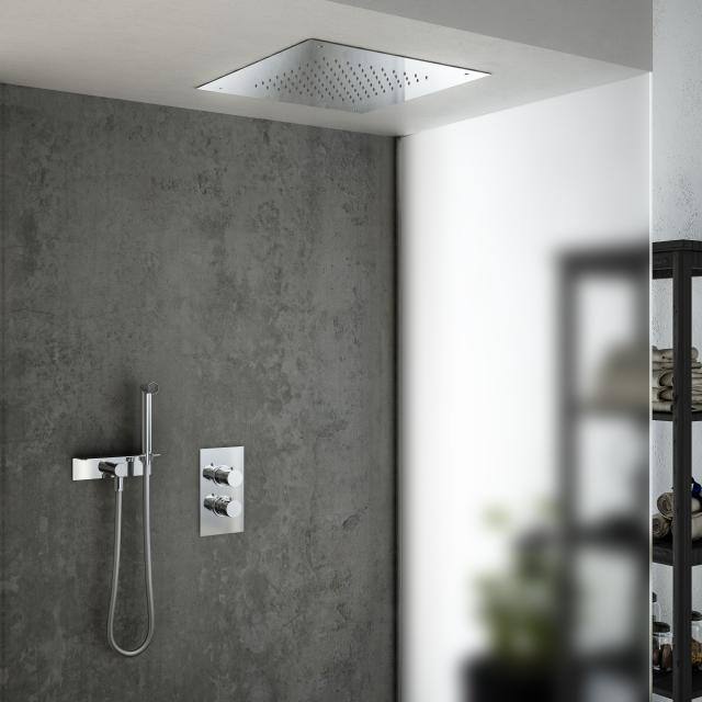 Mariner shower system with thermostat, stainless steel rain panel with recessed ceiling installation with 1 function and stainless steel shower set with shelf chrome