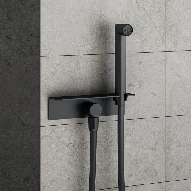 Mariner shower set with wall-elbow, shower shelf and integrated shower bracket matt black