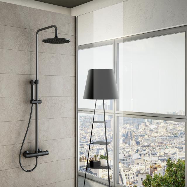 Mariner Volta shower system with thermostat, metall stick hand shower and stainless steel overhead shower, round matt black