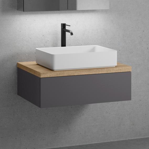 neoro n50 countertop washbasin with solid wood countertop and vanity unit with 1 pull-out compartment front matt graphite / corpus matt graphite, countertop oak