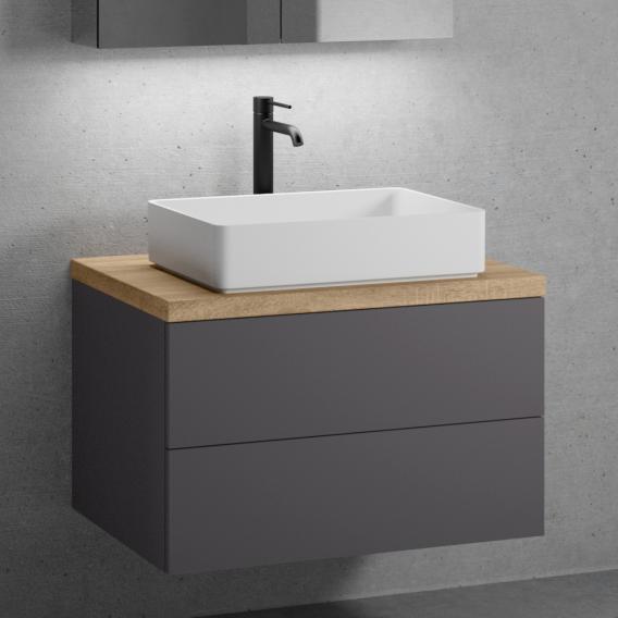 neoro n50 countertop washbasin with solid wood countertop and vanity unit with 2 pull-out compartments front matt graphite / corpus matt graphite, countertop oak
